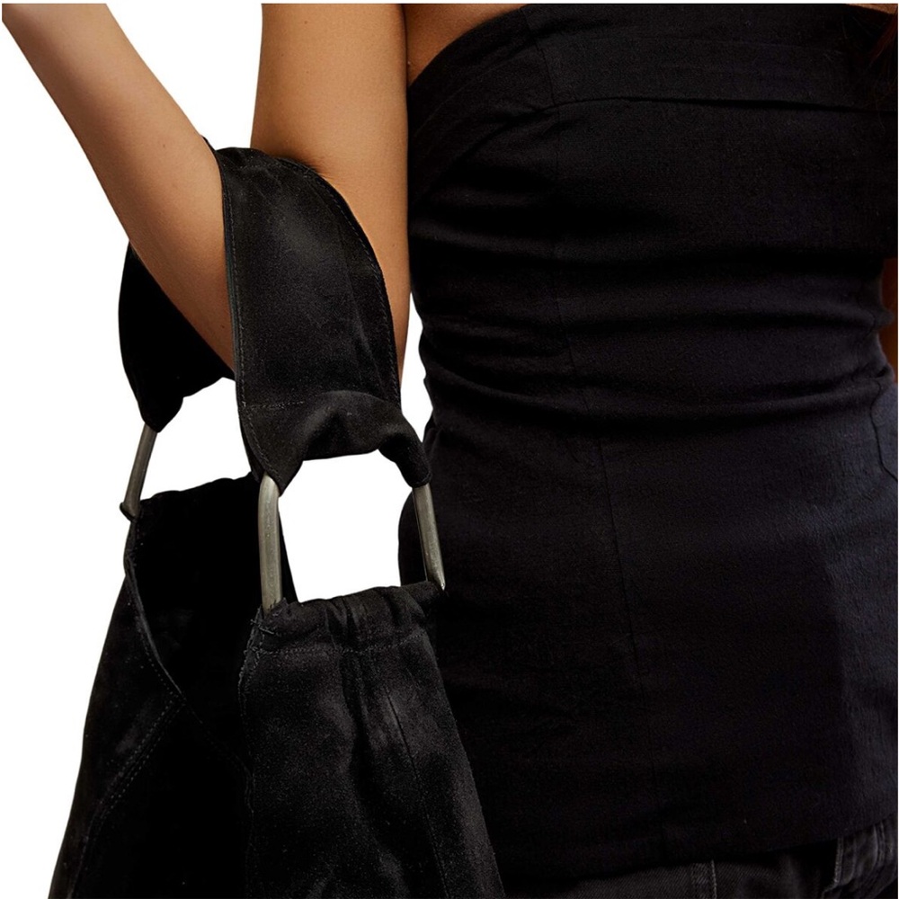 Free‎ People Black Suede Shoulder Bag Metal Bar Handles Boho Slouchy Tote - Picture 3 of 11